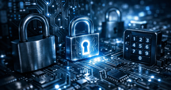 photographic imagine a mesmerizing abstract composition that intertwines the intricate patterns of a circuit board with the imagery of padlocks and di 1